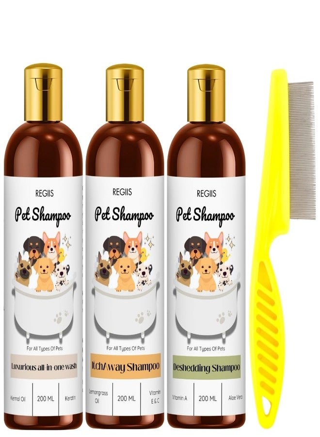 مجموعة شامبو الحيوانات الأليفة من ريجيس، عبوة من 3 قطع، شامبو للكلاب مع مشط للبراغيث، غسول شامل، تخفيف الحكة، تركيبة لإزالة الشعر المتساقط، زجاجات سعة 200 مل (عبوة من 4 قطع) - Image 1